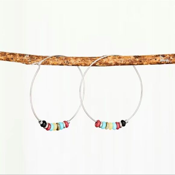 Boho Silver Tone Hoop With Beads Earrings NWT - Picture 1 of 3